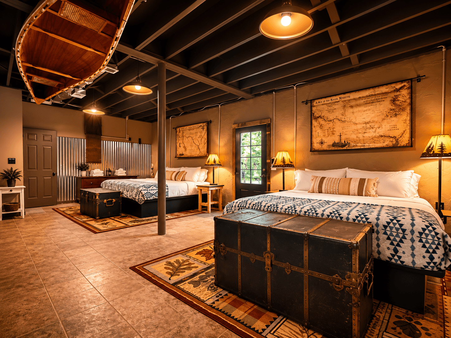 Lewis and Clarke camp guest bedroom at The Teddy featuring American explorer-themed decor, a king-sized bed, and views of the surrounding woods