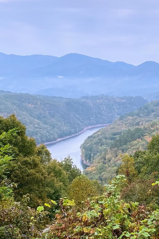 A winding river flows through a lush, forested valley surrounded by mountains under a cloudy sky.