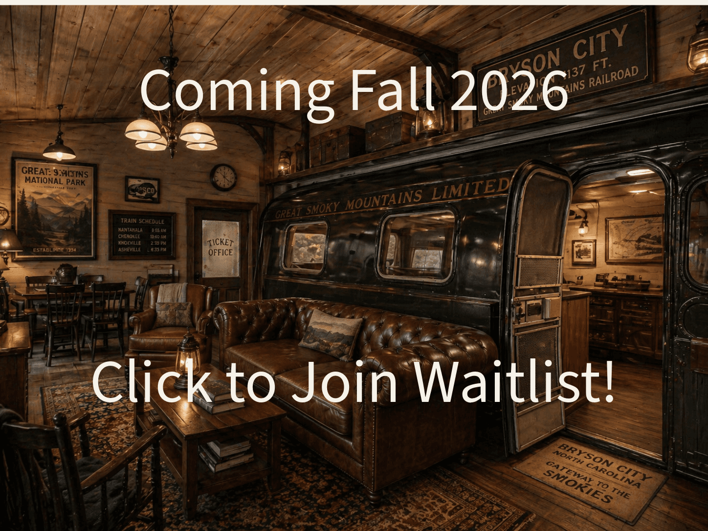 Coming soon-rendering of Cabin interior remodeled to be a train station with Airstream camper serving as pullman sleeping car