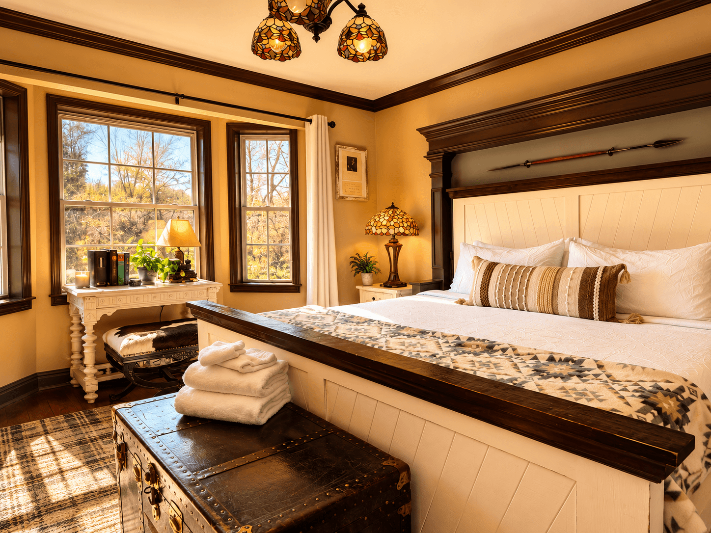 Bright master suite themed for explorer David Livingstone with handcrafted bed and mountain lodge décor at Livingstone Station Lodge in Bryson City, North Carolina.