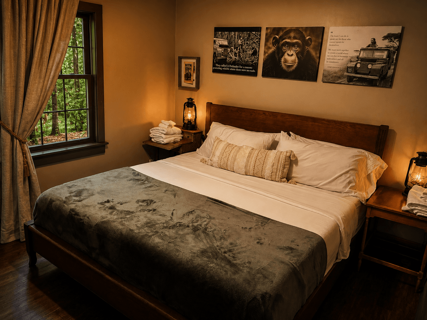 The Jane Goodall-themed guest room at Livingstone Station Lodge at Three Little Bears Retreat in Bryson City, North Carolina, featuring safari-inspired décor, conservation artwork, warm lodge furnishings, and luxury accommodations near Great Smoky Mountains National Park.