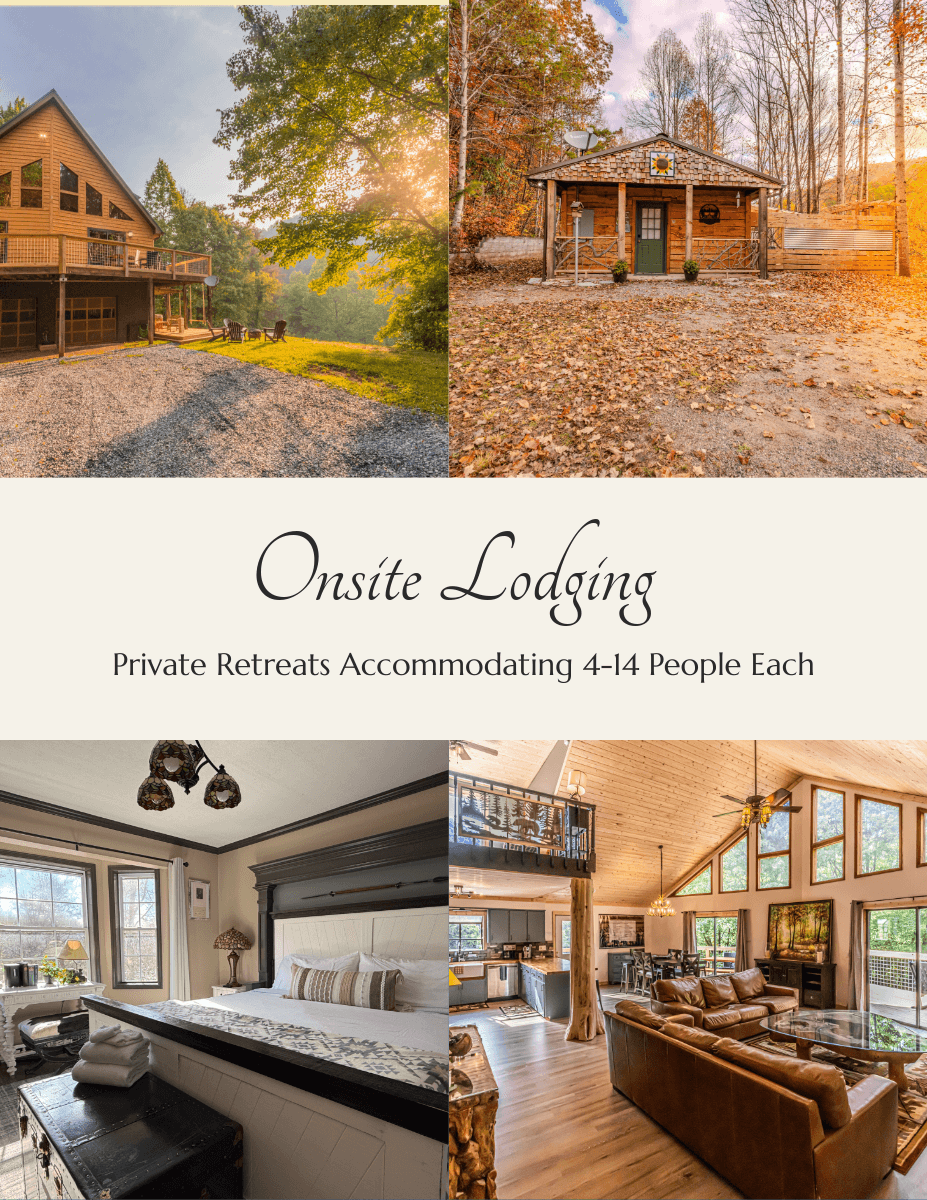Collage of various lodging options showcasing private retreats for 4-14 guests, featuring exterior and interior views.