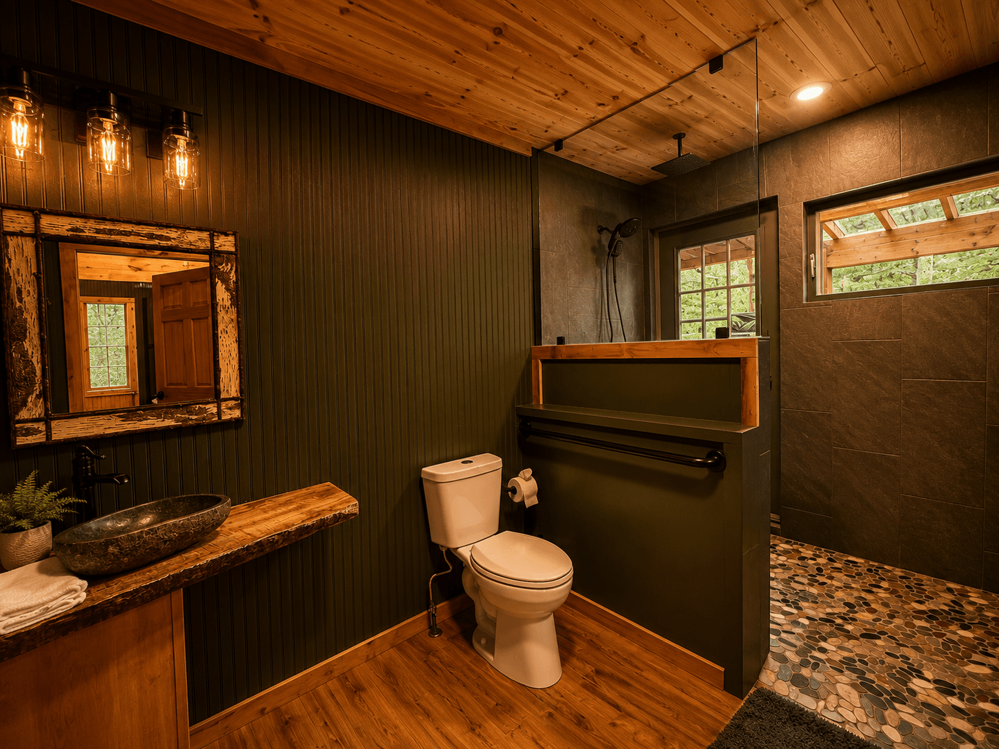 Rustic modern bathroom with walk-in shower at Crockett Creekside Retreat Cabin, Three Little Bears Retreat in Bryson City, North Carolina.