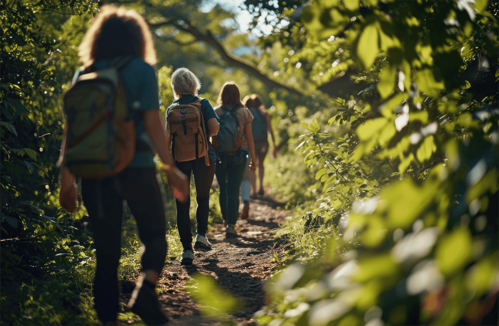 A group of hikers walks along a sunlit path through lush greenery.