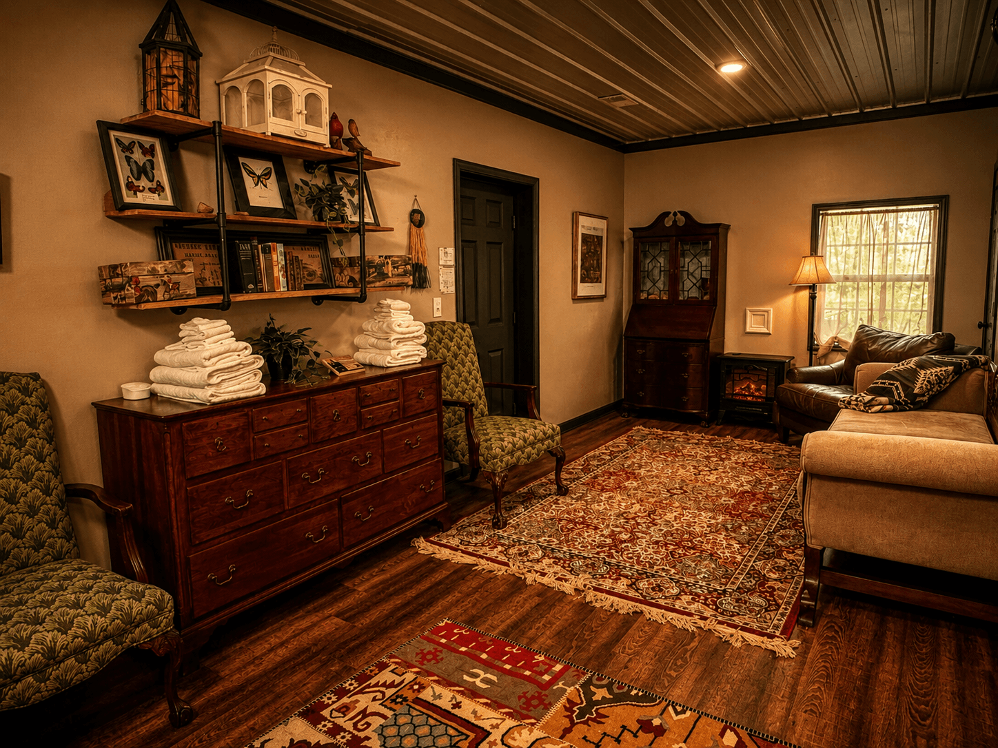 Large third bedroom with Cozy sitting room themed for naturalist Alexander von Humboldt with fireplace, reading area and vintage furnishings at Livingstone Station Lodge in Bryson City, North Carolina.