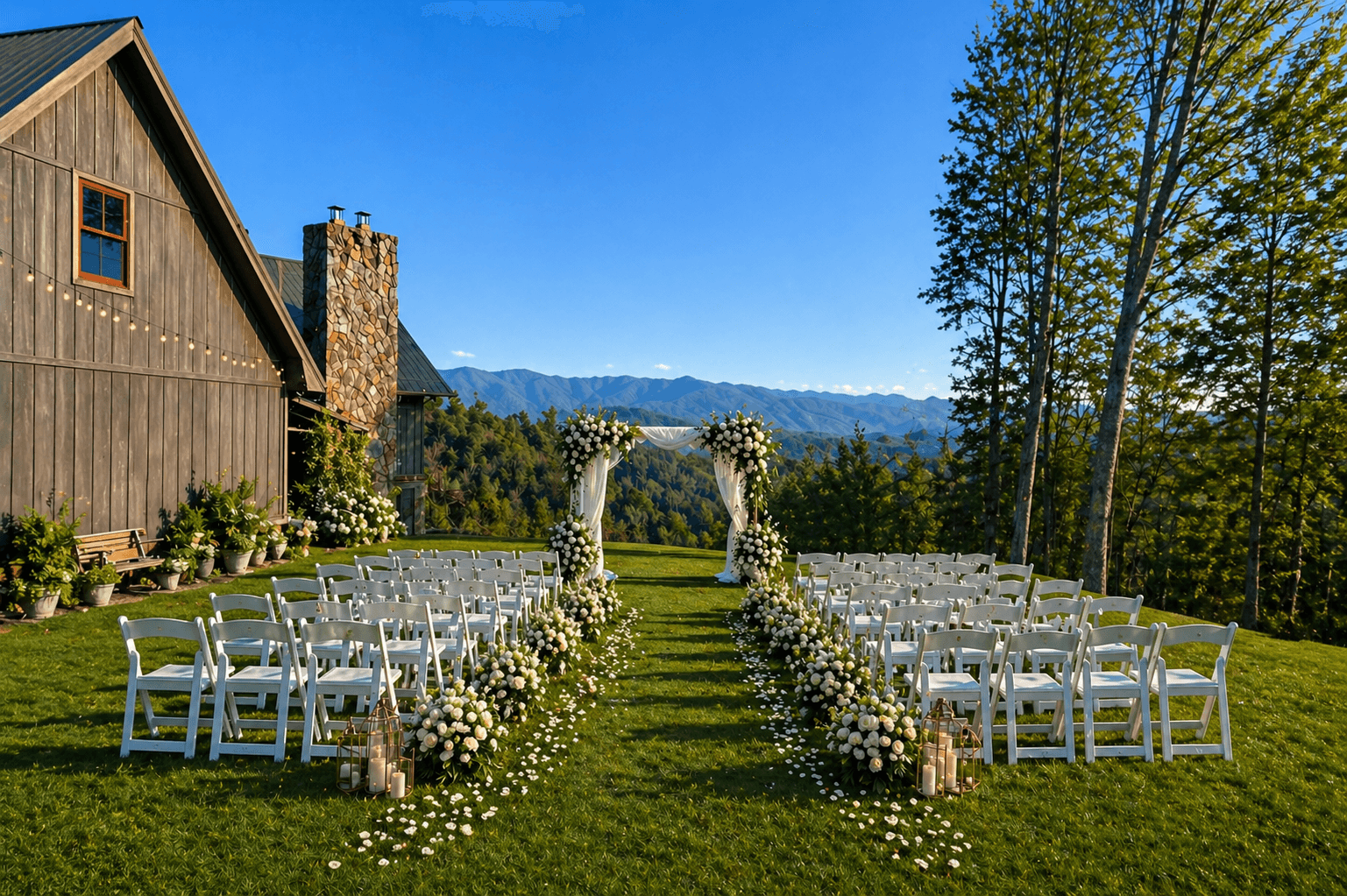 A beautifully decorated outdoor wedding venue with rows of white chairs and floral arrangements under a blue sky. A beautifully decorated outdoor wedding venue with rows of white chairs and floral arrangements under a blue sky.
