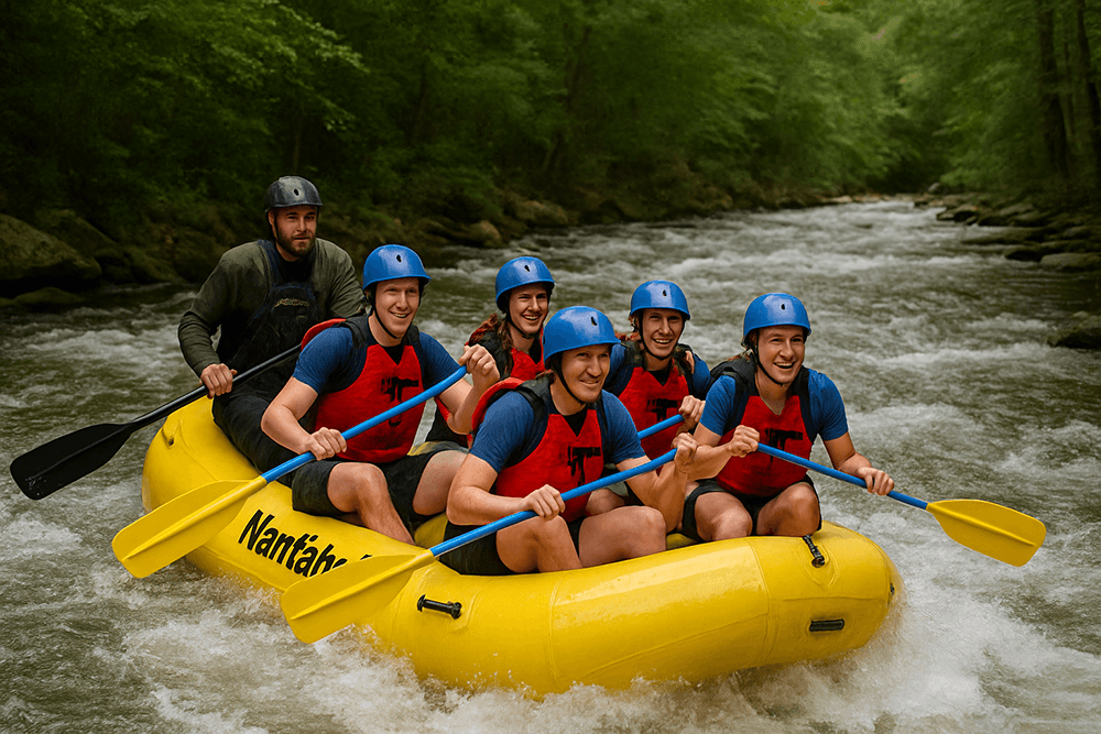 A group of six people in blue helmets and life jackets raft down a river, guided by a person in the back.