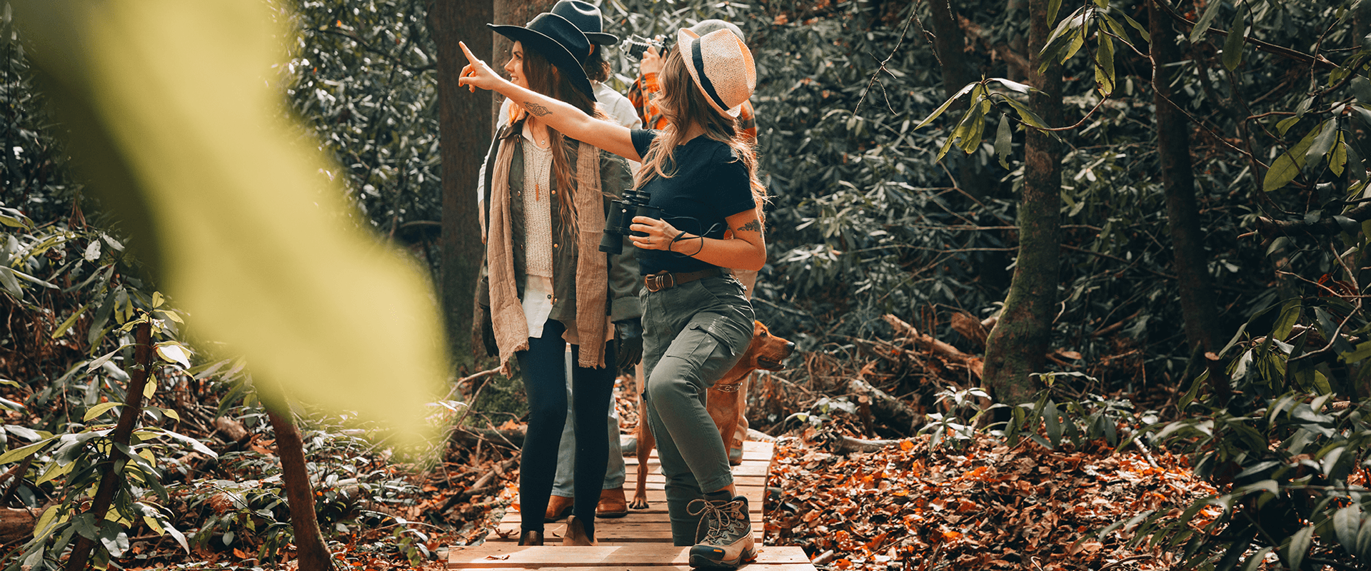 Two women on a wooden path in a forest, one pointing while the other holds a camera.