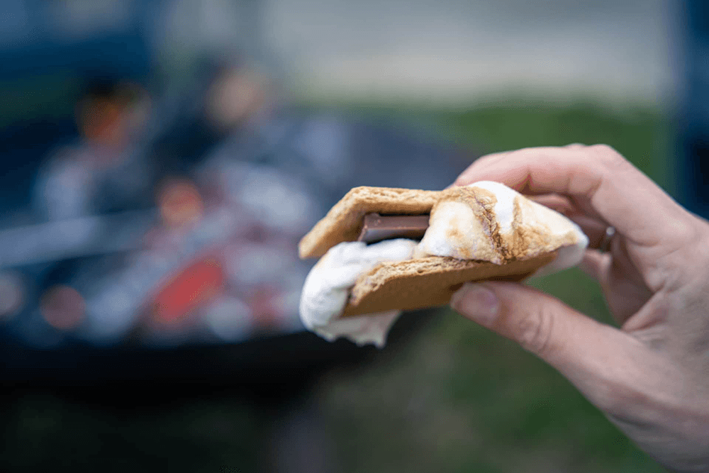 A hand holds a s'more filled with chocolate and melted marshmallow, with a fire pit in the background.