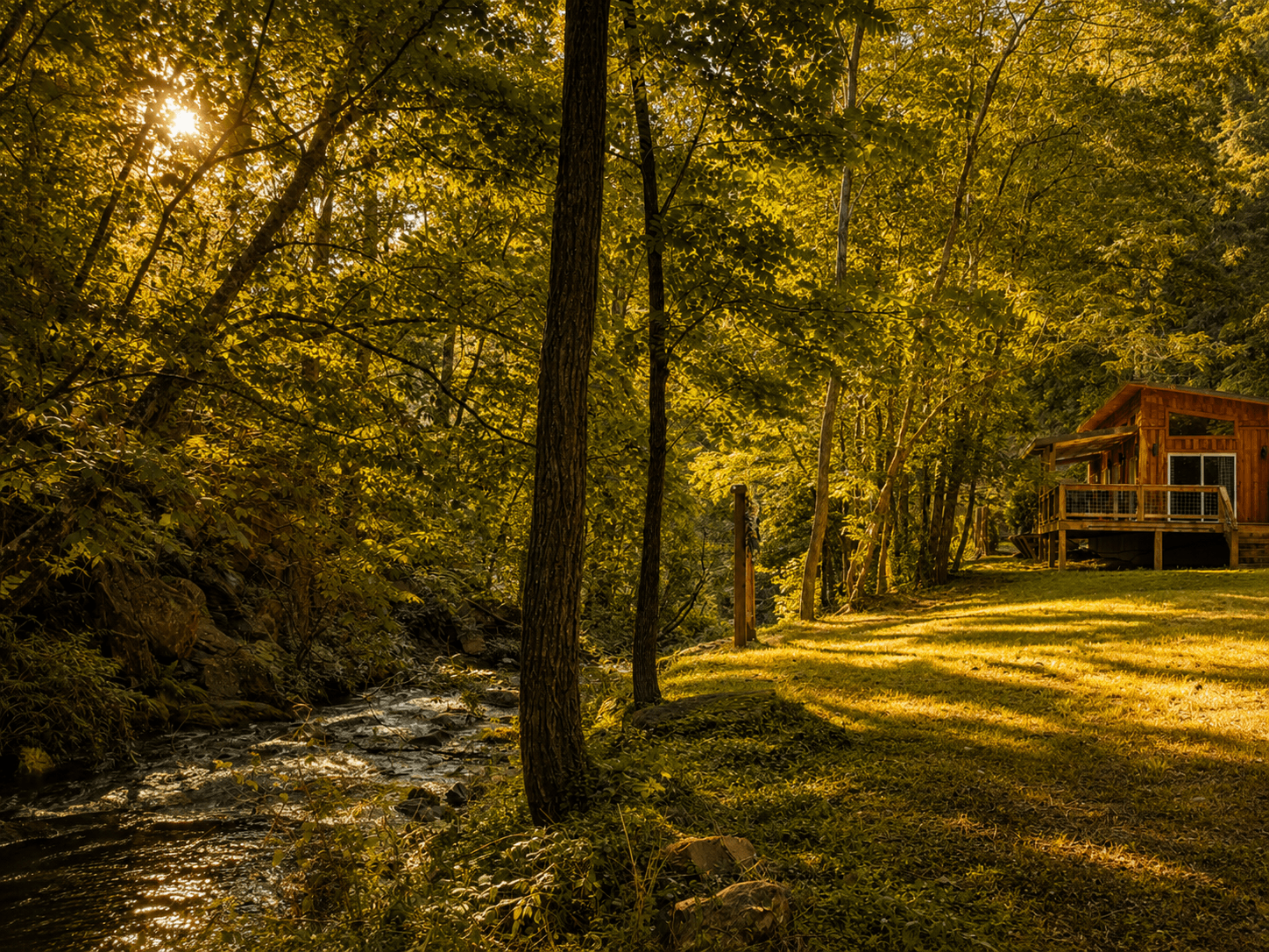 Mountain stream flowing beside Crockett Creekside Retreat Cabin at Three Little Bears Retreat in Bryson City, North Carolina near Great Smoky Mountains National Park