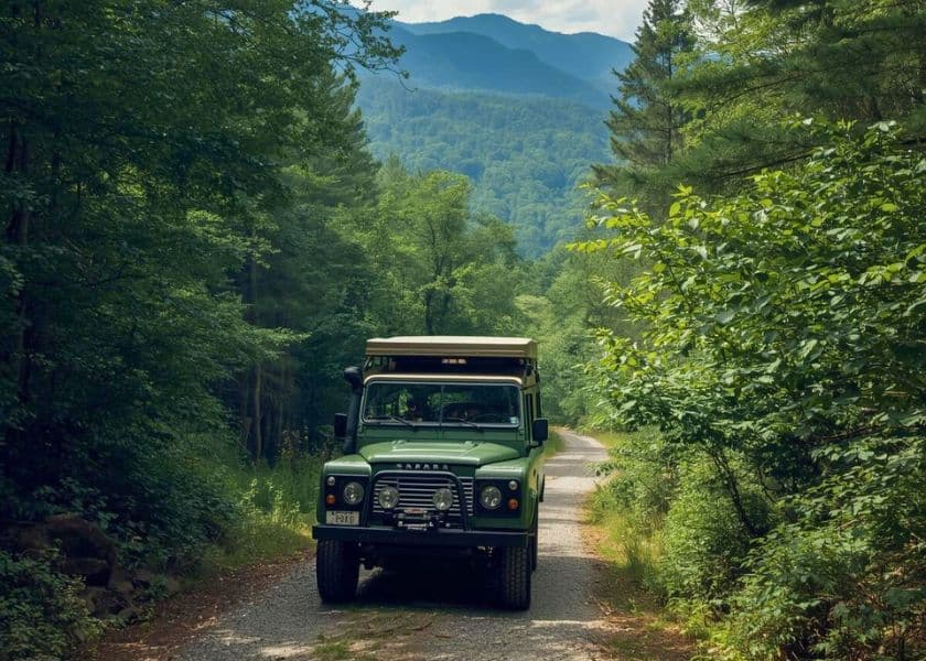 An off-road green vehicle parked on a gravel path surrounded by lush trees and mountains.