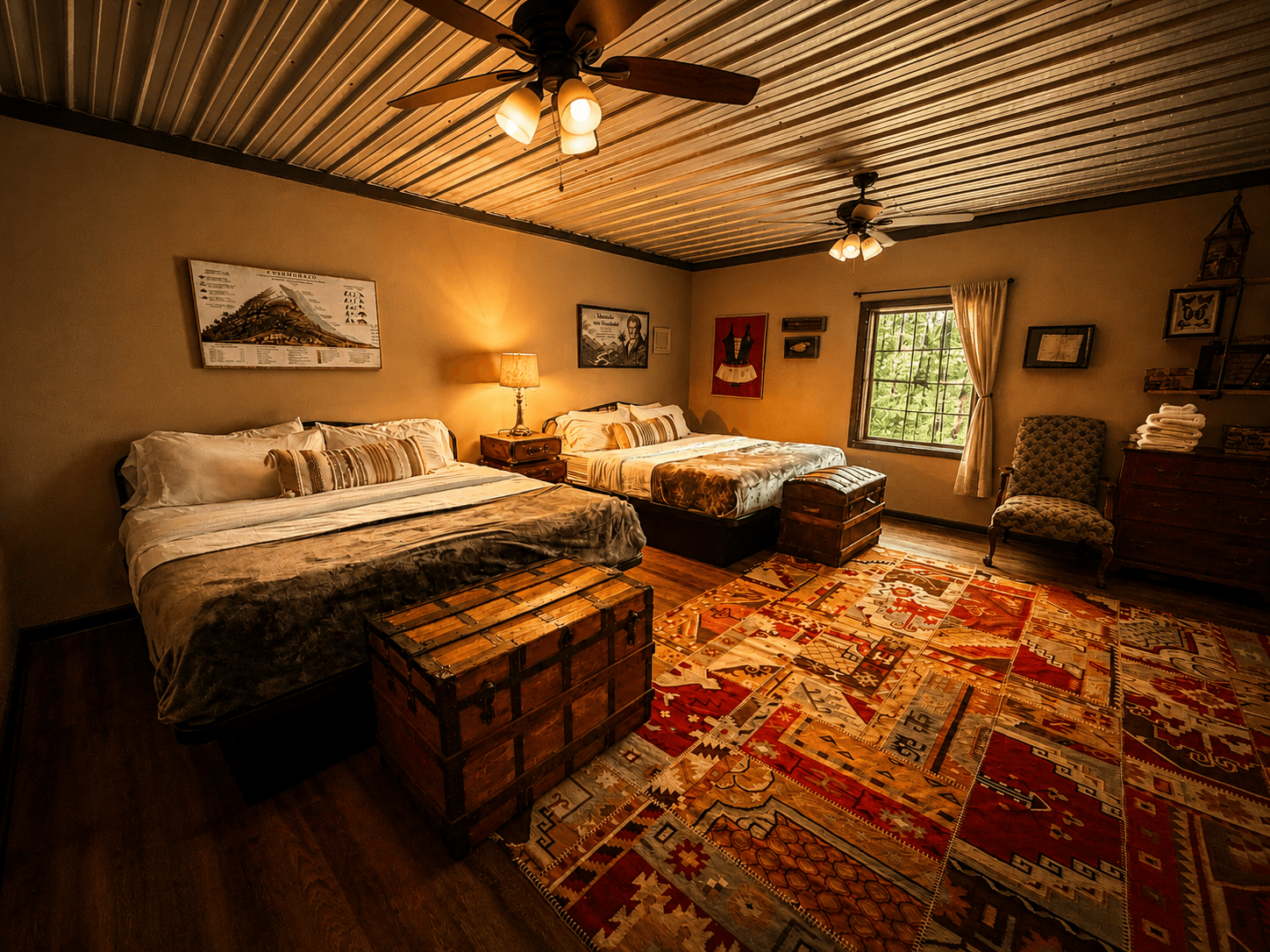 Spacious third family bedroom themed for naturalist Alexander von Humboldt with two King beds at Livingstone Station Lodge in Bryson City, North Carolina.