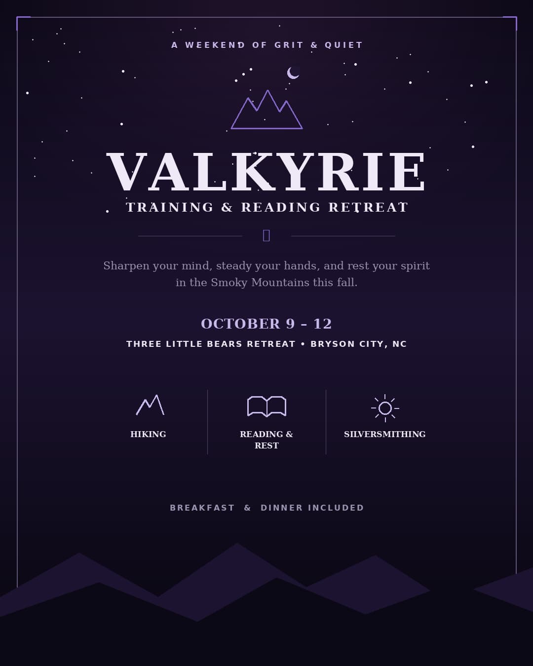 flyer providing information on Valkyrie Reading Retreat at Three Little Bears Retreat in Bryson City, NC